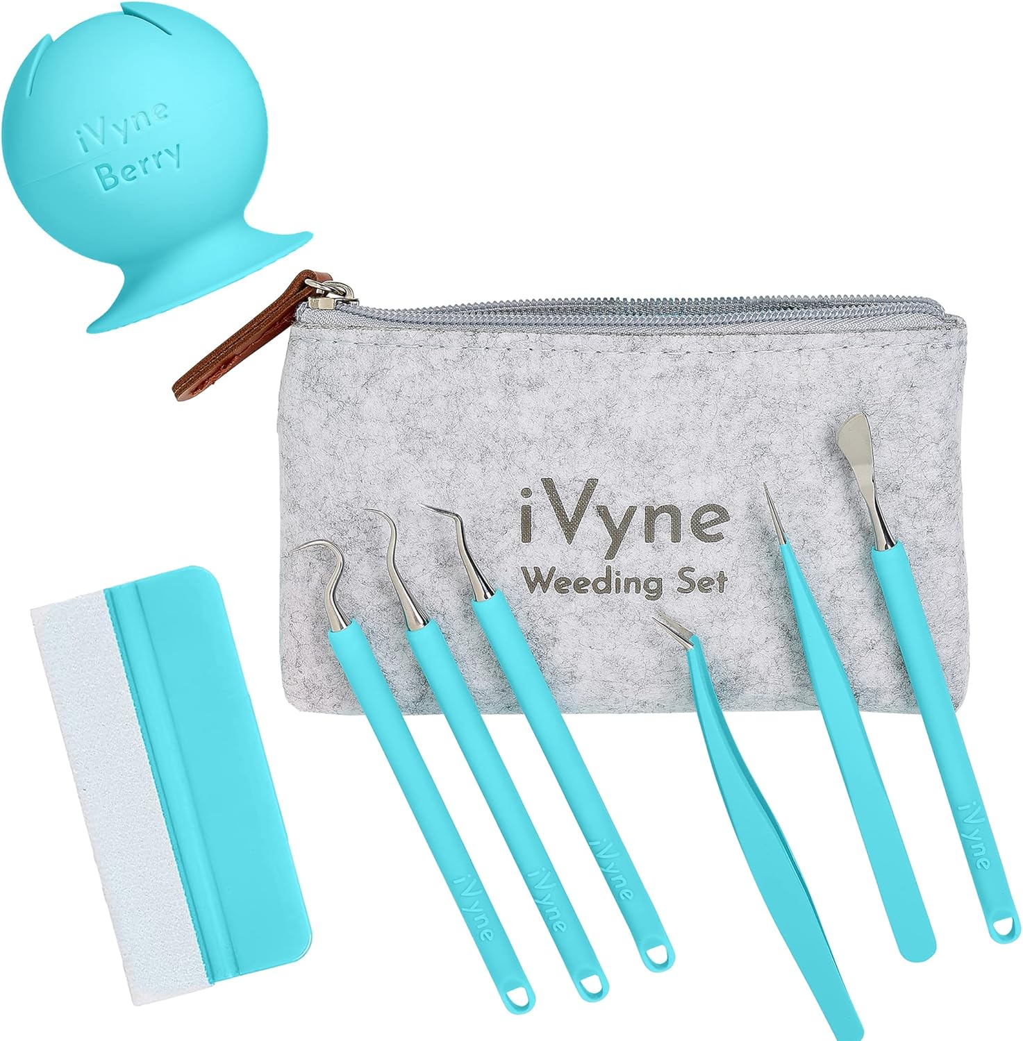 iVyne (8pcs) Premium Vinyl Weeding Tool Kit & Weeding Scrap Collector Soft Grip Tools with Berry, Weeder, Tweezers, Picker Or Hook, and Scraper Set for Silhouette Cameos & Cricut - Blue