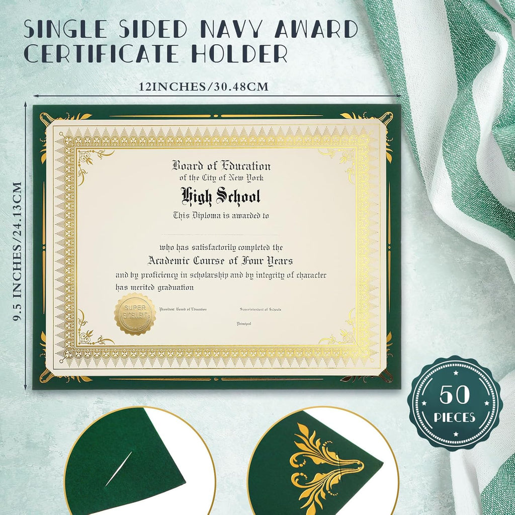 Fainne 50 Sets Certificate Kit Includes 50 Pcs 9.5 x 12 Inch Certificate Holders 50 Pcs Letter Size Papers 50 Pcs Foil Award Seals Diploma Covers for Appreciation(Green, Gold)