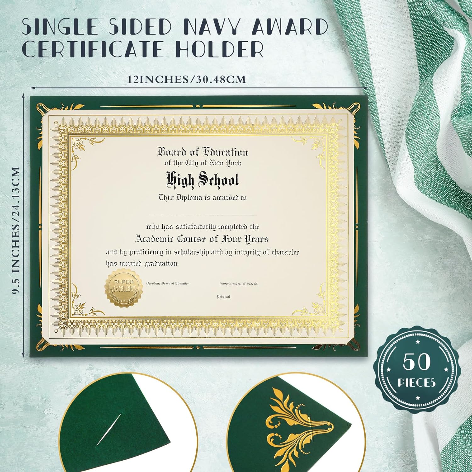 Fainne 50 Sets Certificate Kit Includes 50 Pcs 9.5 x 12 Inch Certificate Holders 50 Pcs Letter Size Papers 50 Pcs Foil Award Seals Diploma Covers for Appreciation(Green, Gold)