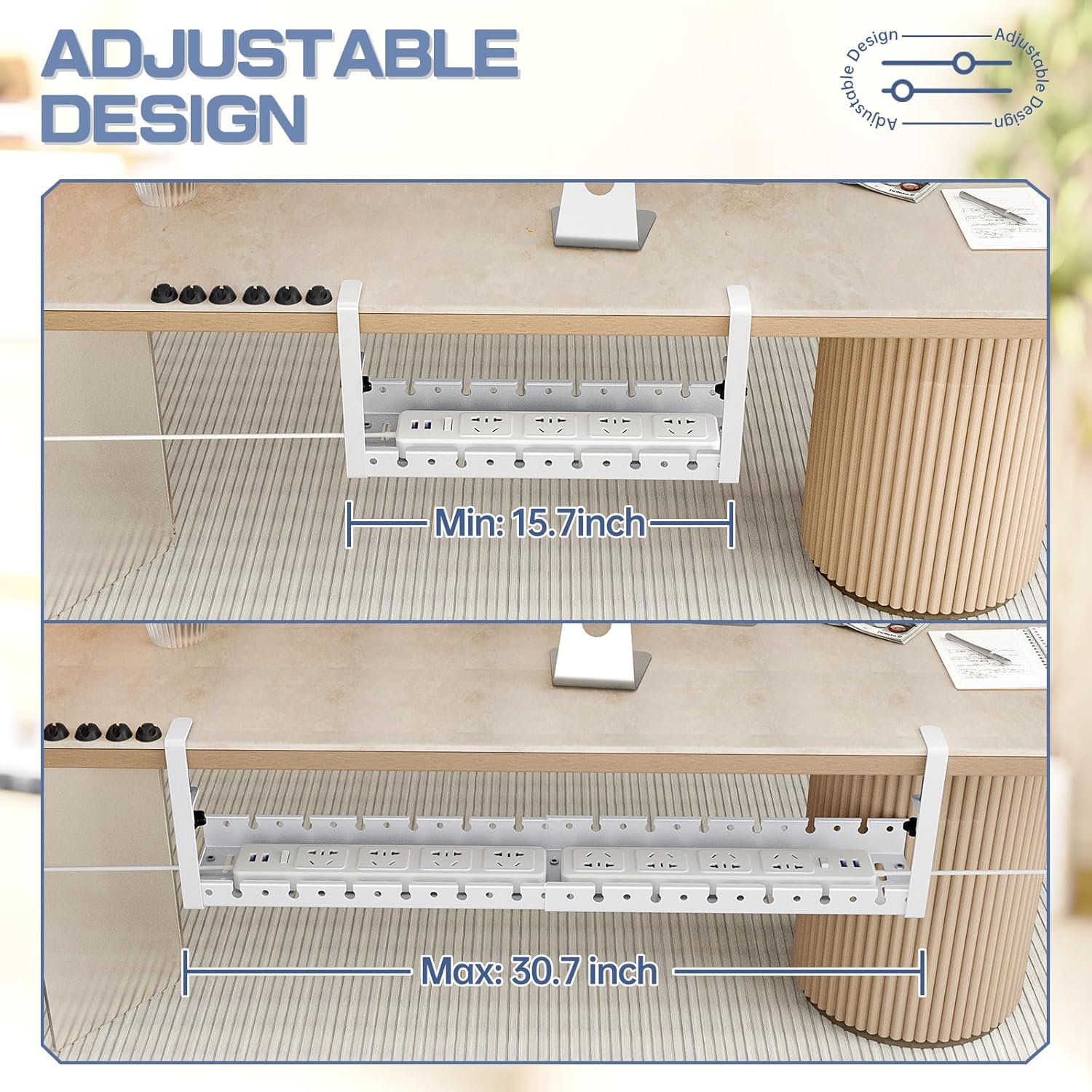 Shikha Under Desk Cable Tray, 15.7"-30.7" Retractable Under Desk Cable Management, No Drilling Cord Organizer with Clamp, Wire Management for Home Office -White
