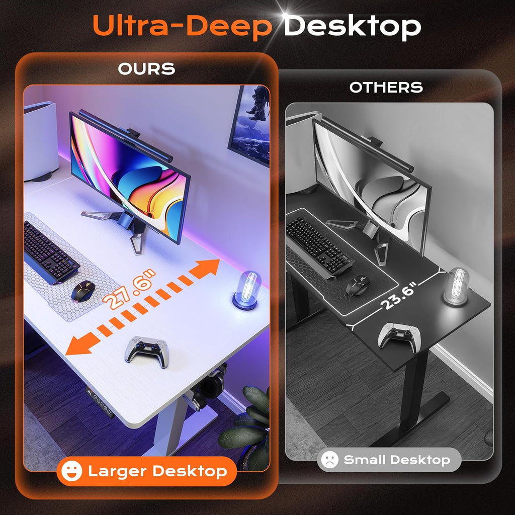 Huuger 55 x 28 Large Electric Standing Desk, Height Adjustable Copmuter Desk, 27.6" Deep Desktop, Stand up Gaming Office Table with 2 Hooks, 3 Preset Heights, for Home Office, White