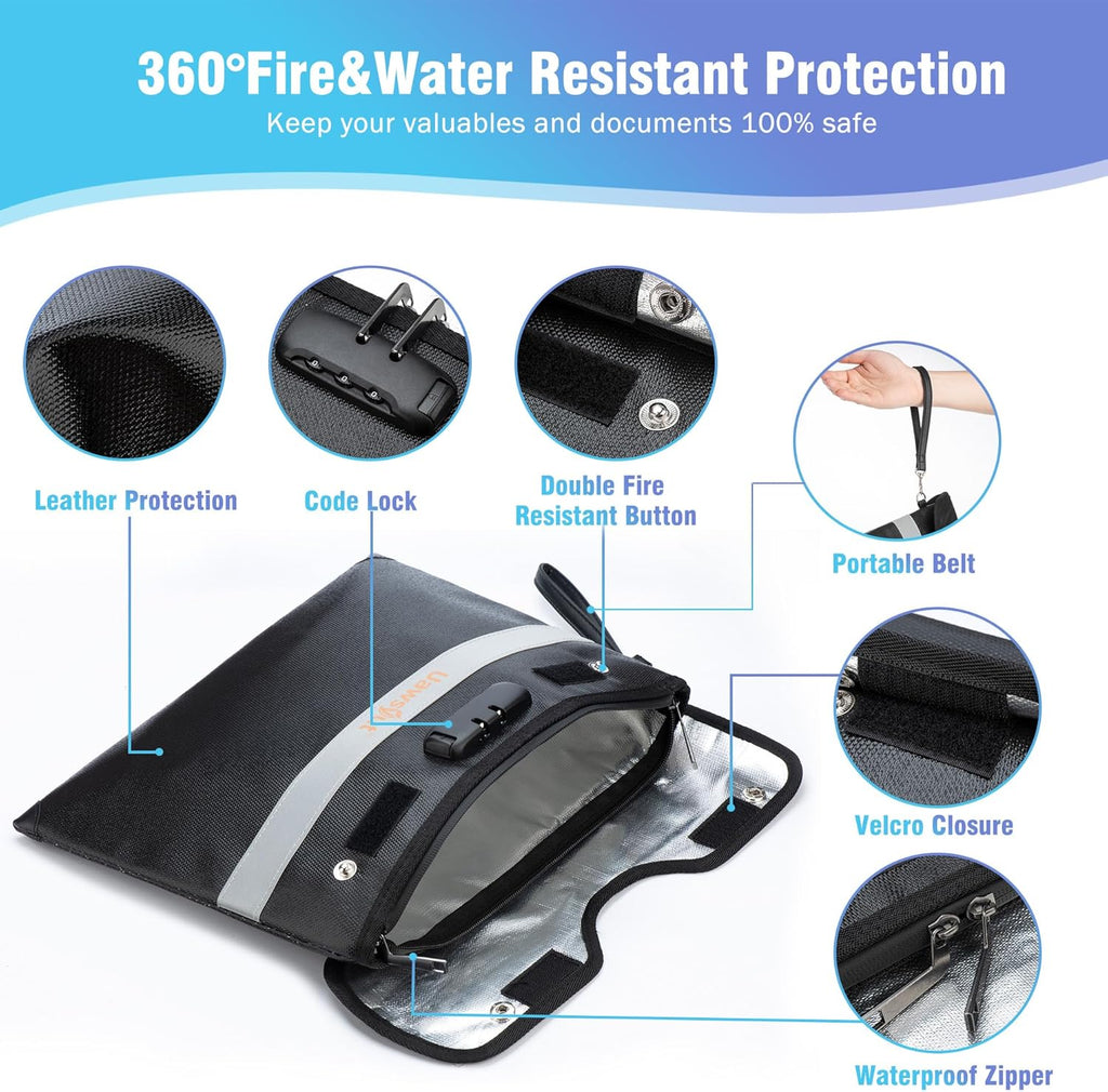 5200℉ Fireproof Document Bag with Lock, Portable Money Bag with Zipper Closure, Waterproof Envelope with Reflective Strip for A4 Letter, Tablet, Valuables, Cash and Passport(14.3"x11.2", Black)