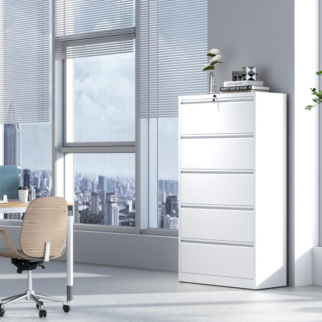 5 Drawer Lateral File Cabinet with Lock, File Cabinets for Home Office Legal/Letter A4 Size, File Cabinet Storage Cabinet, Require Assembly, White