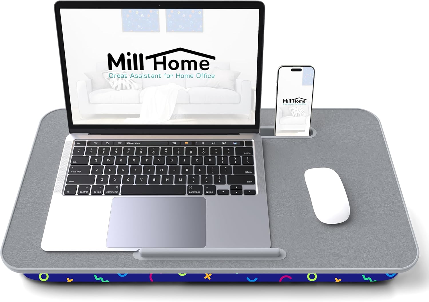 Millhome Lap Desk | Portable Laptop Desk – Fits Up to 17.3" Laptops – Detachable & Washable Cushion, Phone Holder, Device Ledge – for Writing, Working, Reading on Bed, Couch, Sofa, Floor – Geometric