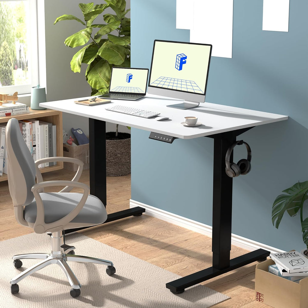 FLEXISPOT EN1 Whole-Piece Standing Desk - 48 x 30 Inches, Electric Height Adjustable, Heavy Duty Steel Frame with Automatic Smart Keypad (Black Frame + White Top, 2 Packages)