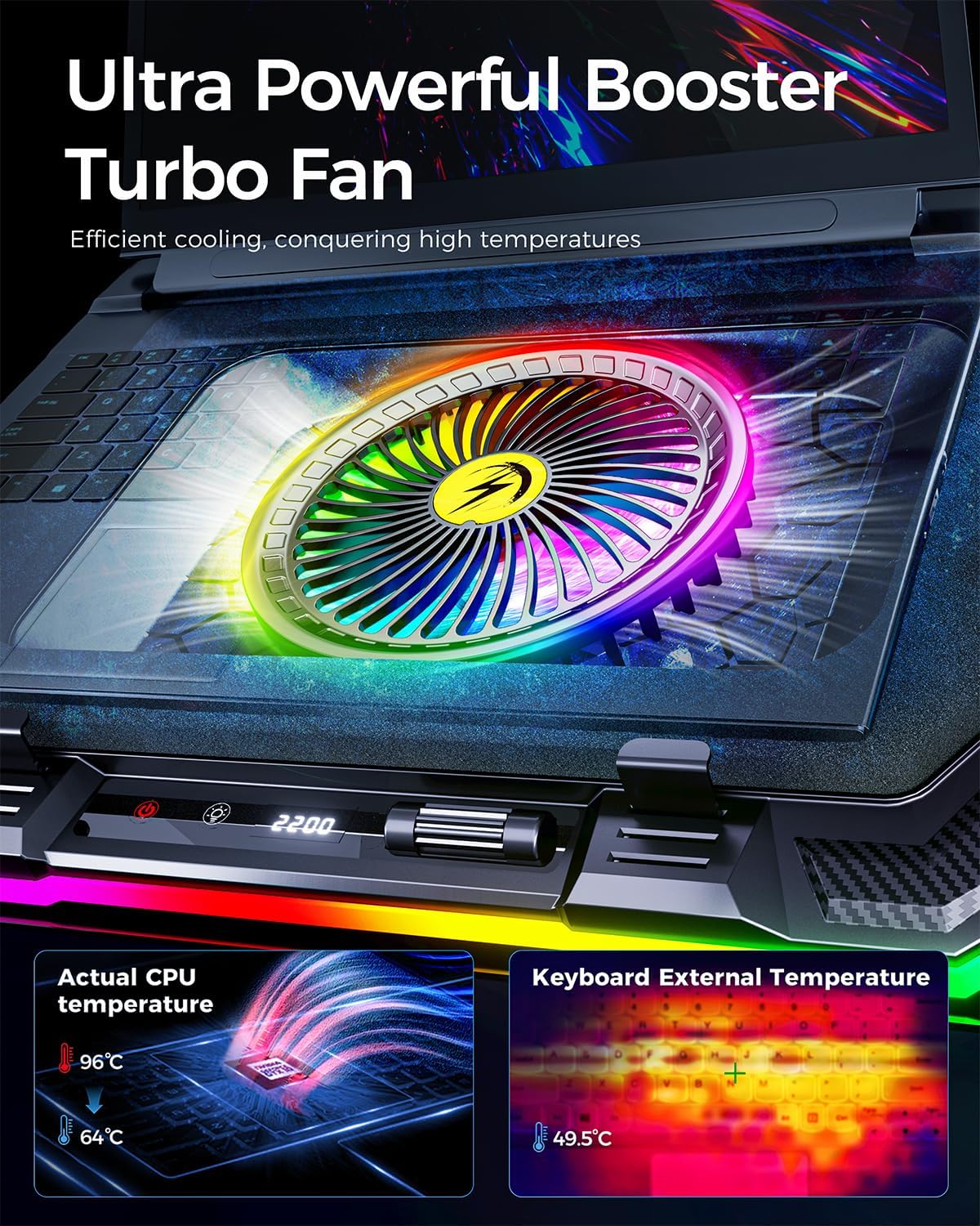 KeiBn Gaming Laptop Cooling Pad, Laptop Fan Cooling Pad with 5.5inch RGB External Fan, Rapid Cooling Laptop 15.6-19.3inch, 8 Height Stands, 2 USB Ports, Phone Holder-K1 5V RGB
