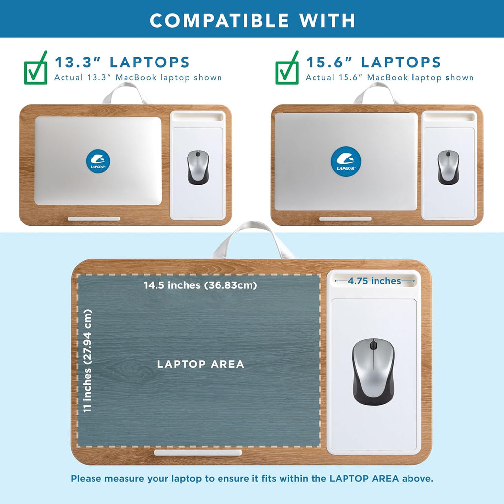 LAPGEAR Home Office Lap Desk with Device Ledge, Mouse Pad, and Phone Holder - White Oak Woodgrain - Fits up to 15.6 Inch Laptops - Style No. 91579