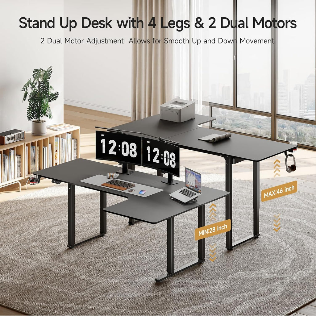 L Shaped Standing Desk, 71x43 Inches Electric L Stand Up Desk with 4 Legs, Dual Motor and Memory Controller, Adjustable Height from 28-46 Inches for Home and Computer Workstation, Black