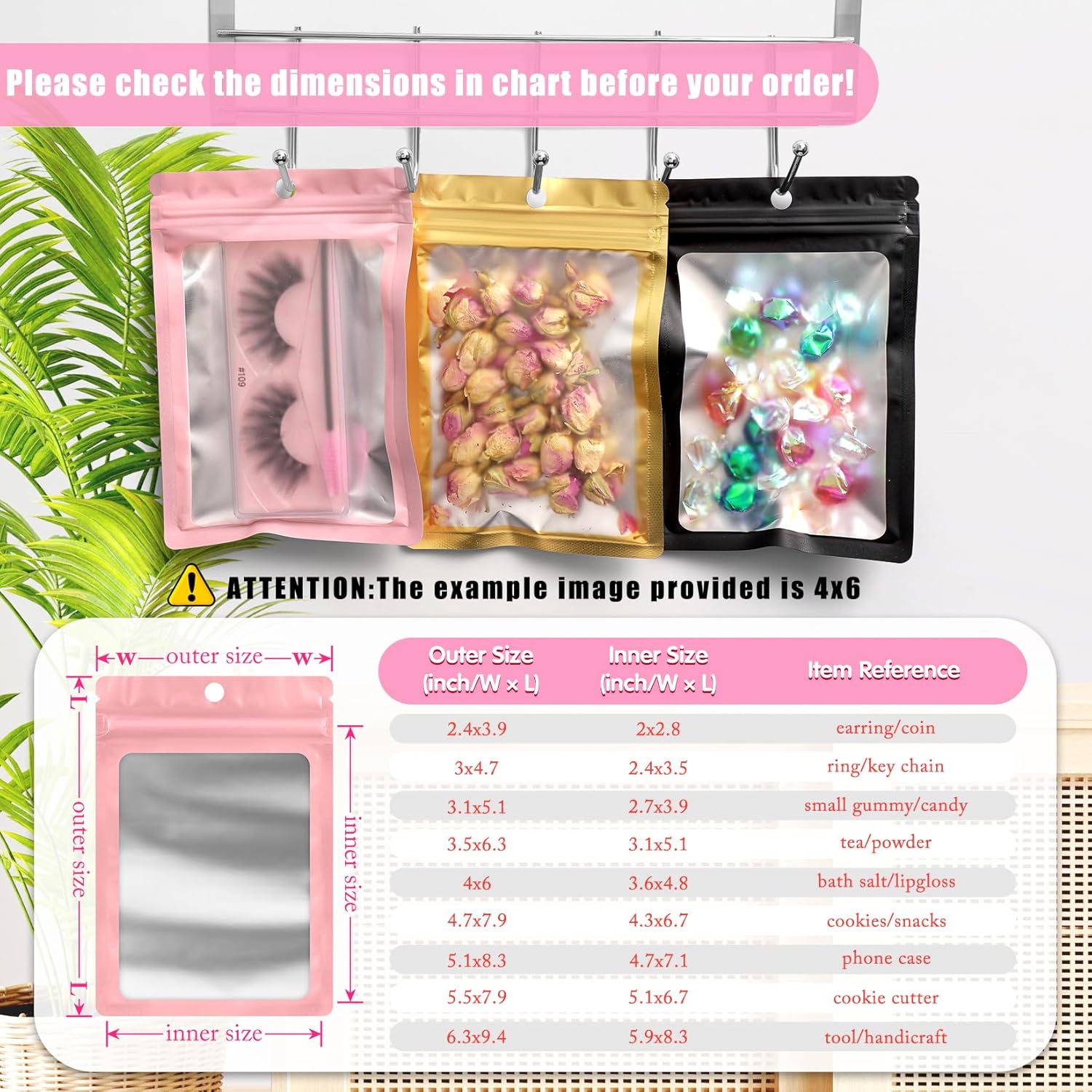 FUNFERY 100 Pack Mylar Resealable Bags Foil Packaging Bags with Clear Window,Zipper Pouch Smell Proof Bag for Food Storage,Cookies,Sample,Small Business(Pink,4x6inch)