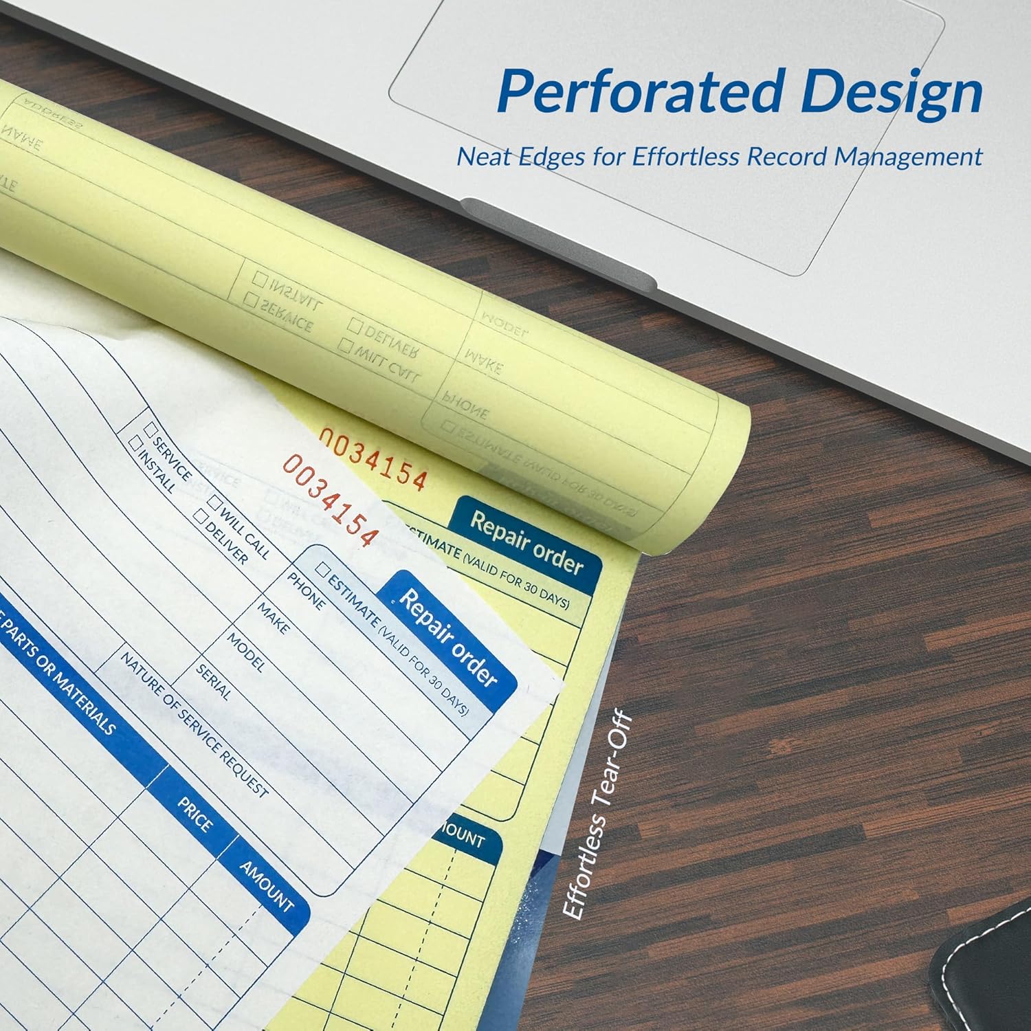 Repair Order Book, 2 Part Carbonless Job Work Order Forms - White/Yellow, 5-7/10 x 8-1/4 Inches, Invoice Receipt Book for Small Business, Consecutively Numbered, 200 Sets (4 Packs)