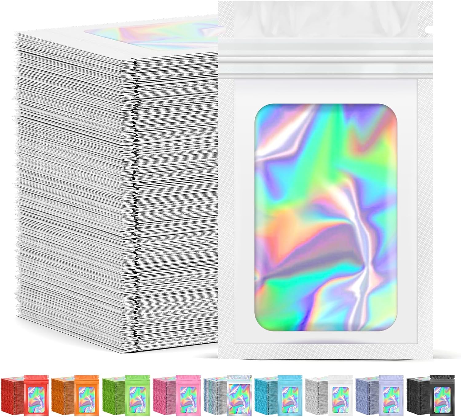300 Pcs Mylar Bags, Smell Proof Bags Foil Pouch, Holographic Resealable Bags for Small Business, Candy Sample Jewelry Bag Sealable Packaging for Party Favor Food Storage (5.5x7.9in-White)