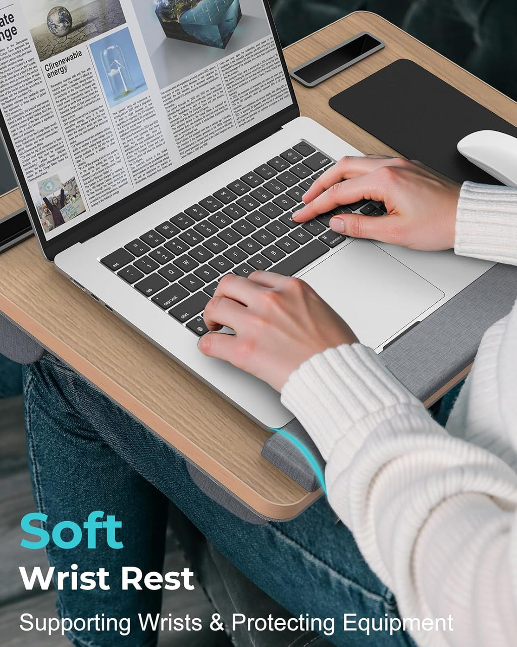 Lap Desk - Up to 17” Laptop Tray with Wrist Rest, Portable Handle, Fixed Mouse Pad, Tablet & Phone Slots, Laptop Stand for Bed with Cushion (Dark Brown Woodgrain)