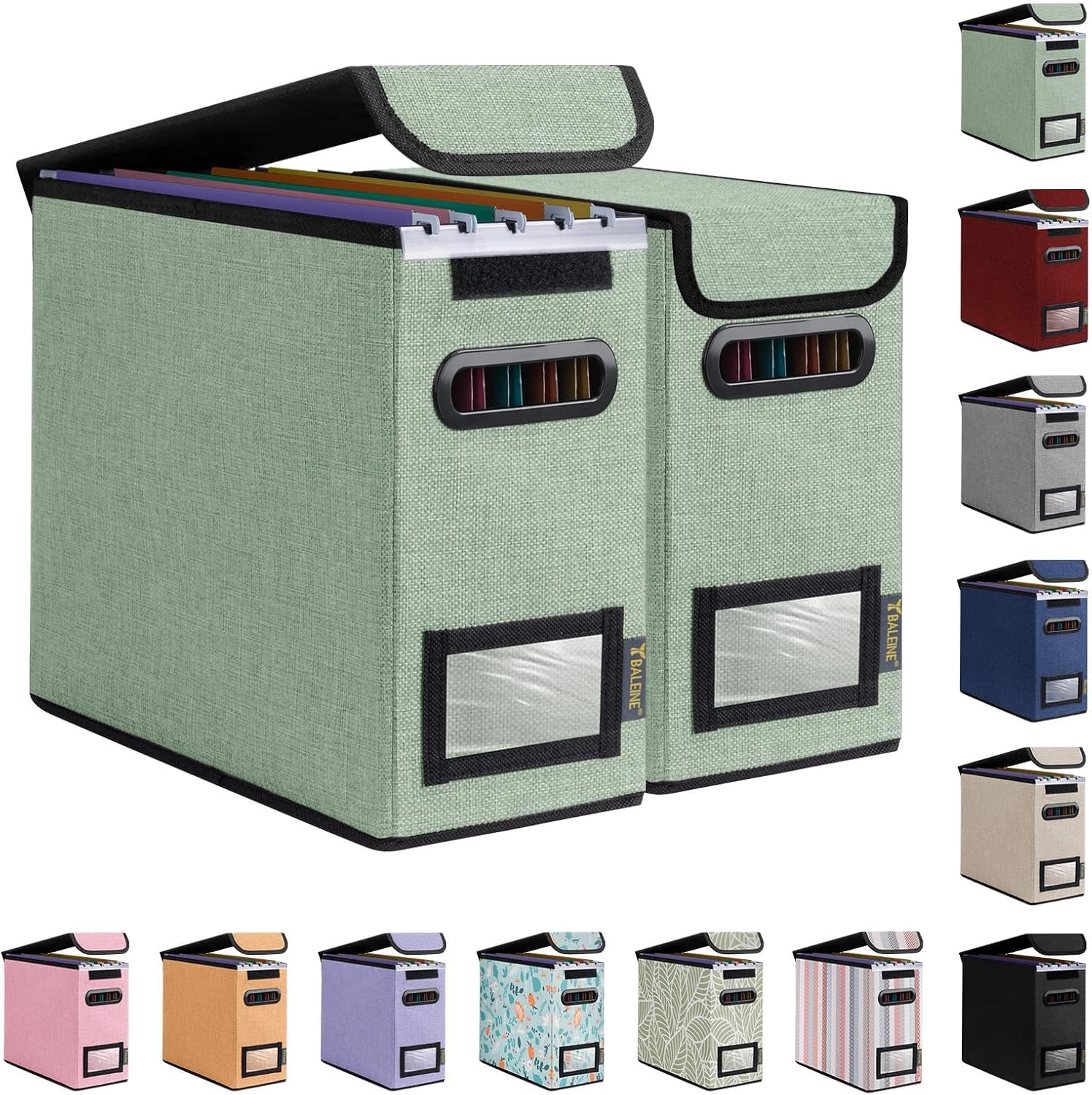 BALEINE File Organizer Box with Lid, Collapsible File Folder Organizer with Plastic Slide, Hanging File Folder Box for Office Document Storage (2 Pack, Green, S)