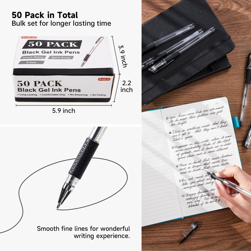 Shuttle Art Black Gel Pens, 50 Pack Fine Point Black Ink Pens Bulk, 0.5mm Rollerball Gel Ink Pens Smooth Writing with Comfortable Grip for Office, School and Home