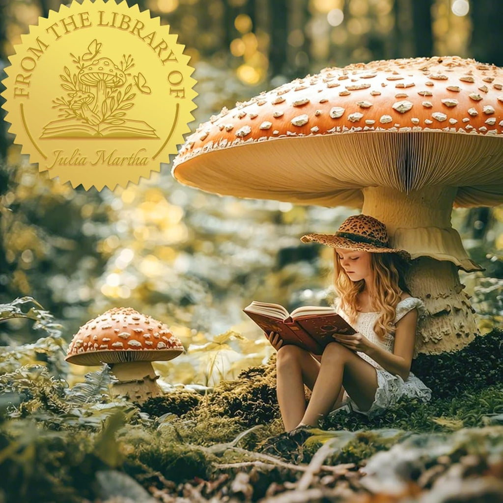 Personalized Book Embosser Stamp with Handle Set, Custom Self-Inking Library Stamp with Name & Design, Elegant Invitation Seal from Library Stamp Kit, Birthday, Book Lover Gifts （Mushroom）