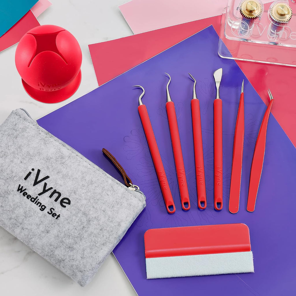 iVyne (8pcs) Premium Vinyl Weeding Tool Kit & Weeding Scrap Collector Soft Grip Tools with Berry, Weeder, Tweezers, Picker Or Hook, and Scraper Set for Silhouette Cameos & Cricut - Red