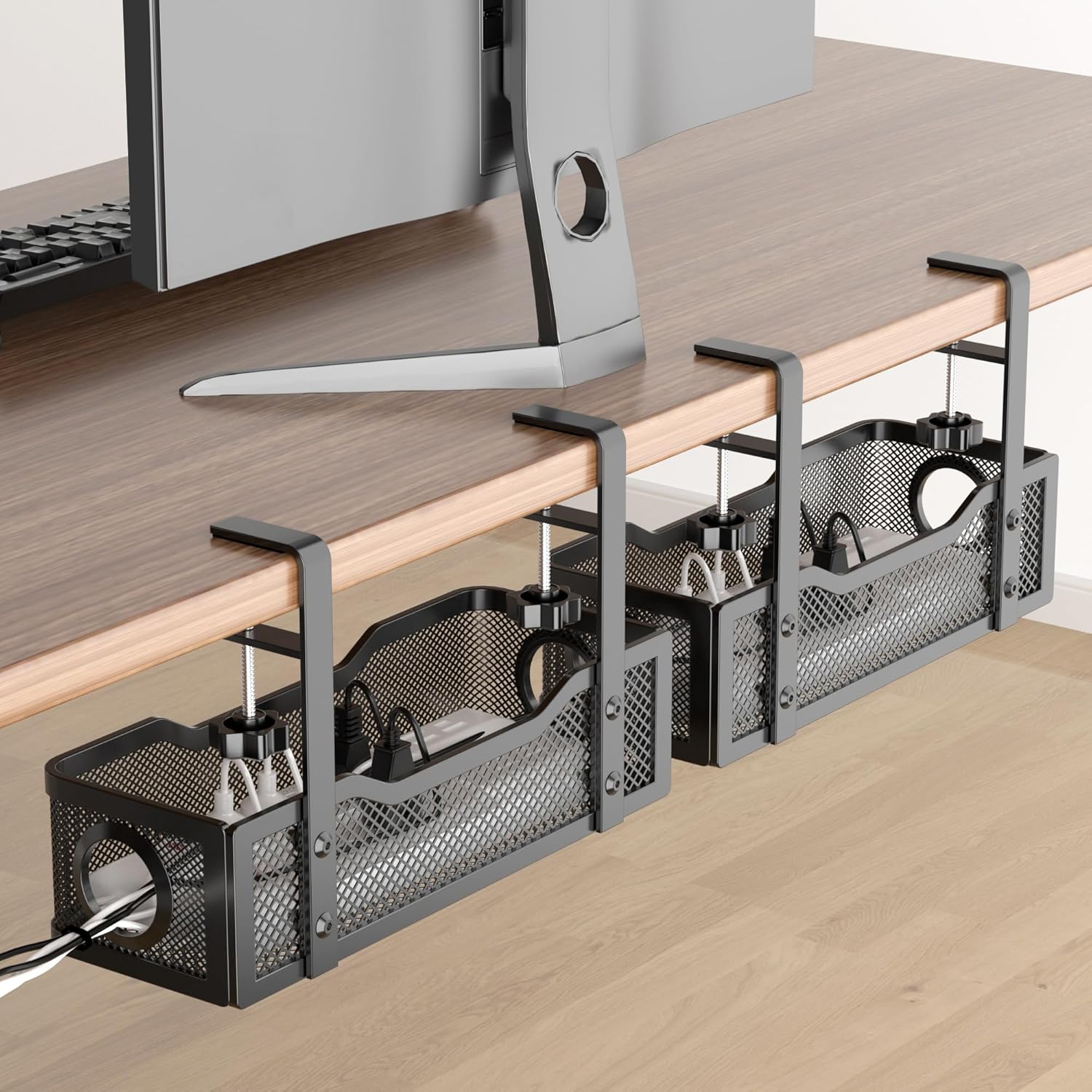 2 Pack Cable Management Under Desk Tray, No Drill Cable Management Box with Clamp for Wire Organization, Cord Organizer for Office, Home - No Damage to Desk (Black)