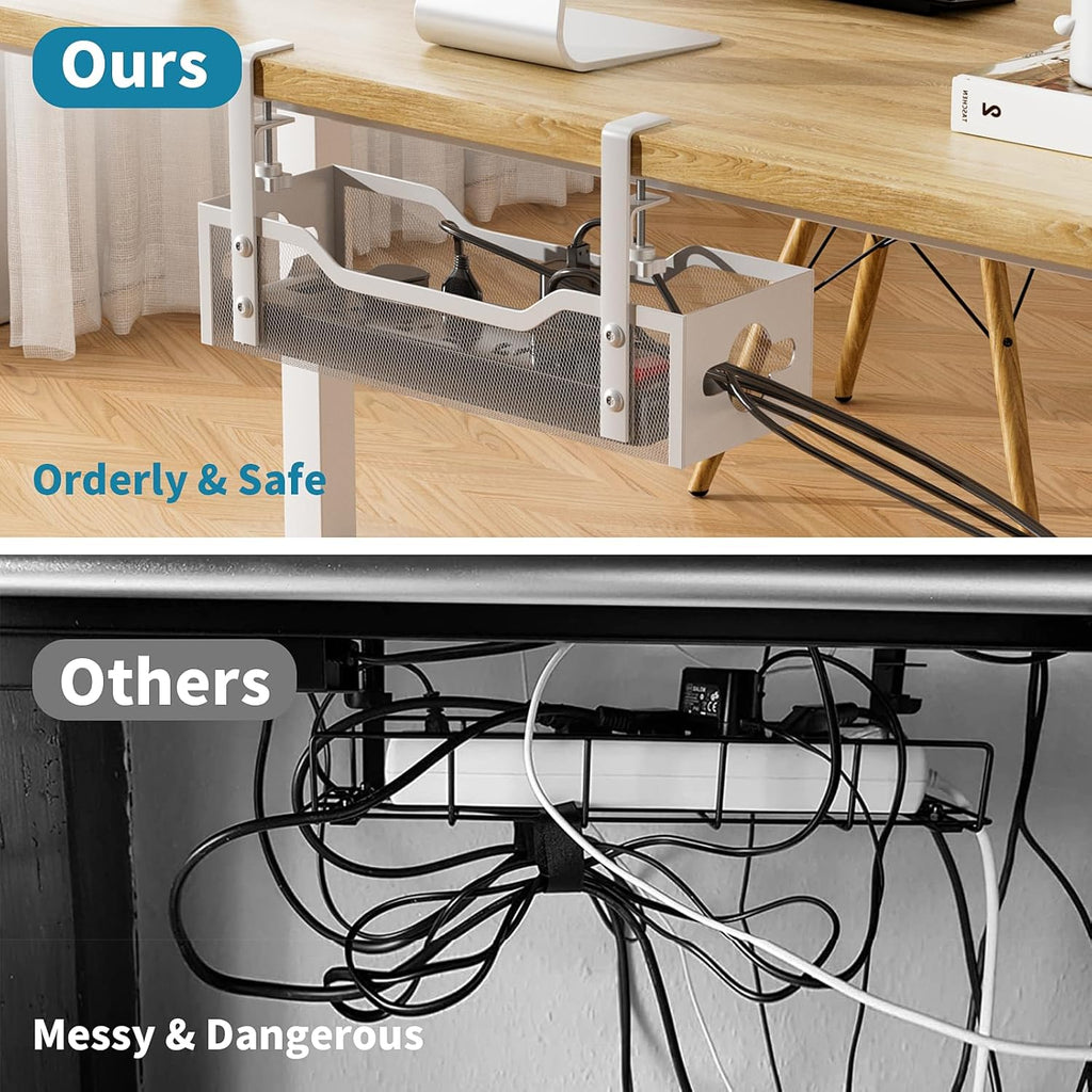 Under Desk Cable Management Tray, Litwaro No Drill, Metal Tray with Clamp for Wire Management, Cord Organizer Home Office Damage to Standing Desk, White, 13.38''