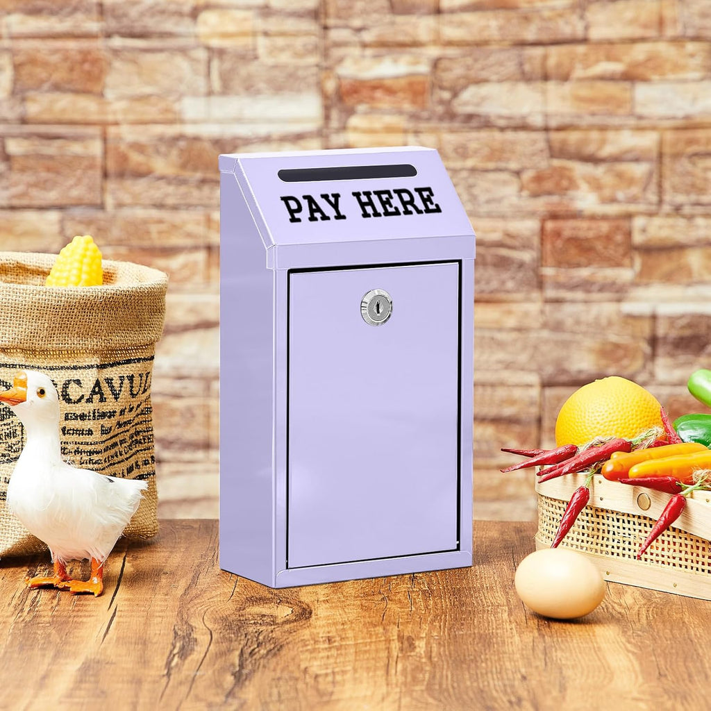 Safe Cash Box Money Collection Metal Donation Box with Lock Wall Mount Pre Drilled Mailbox Delivery Ballot for Home Office Outdoor Self Serve Stand (Morandi Purple,10.2 x 5.7 x 2.8 Inch)