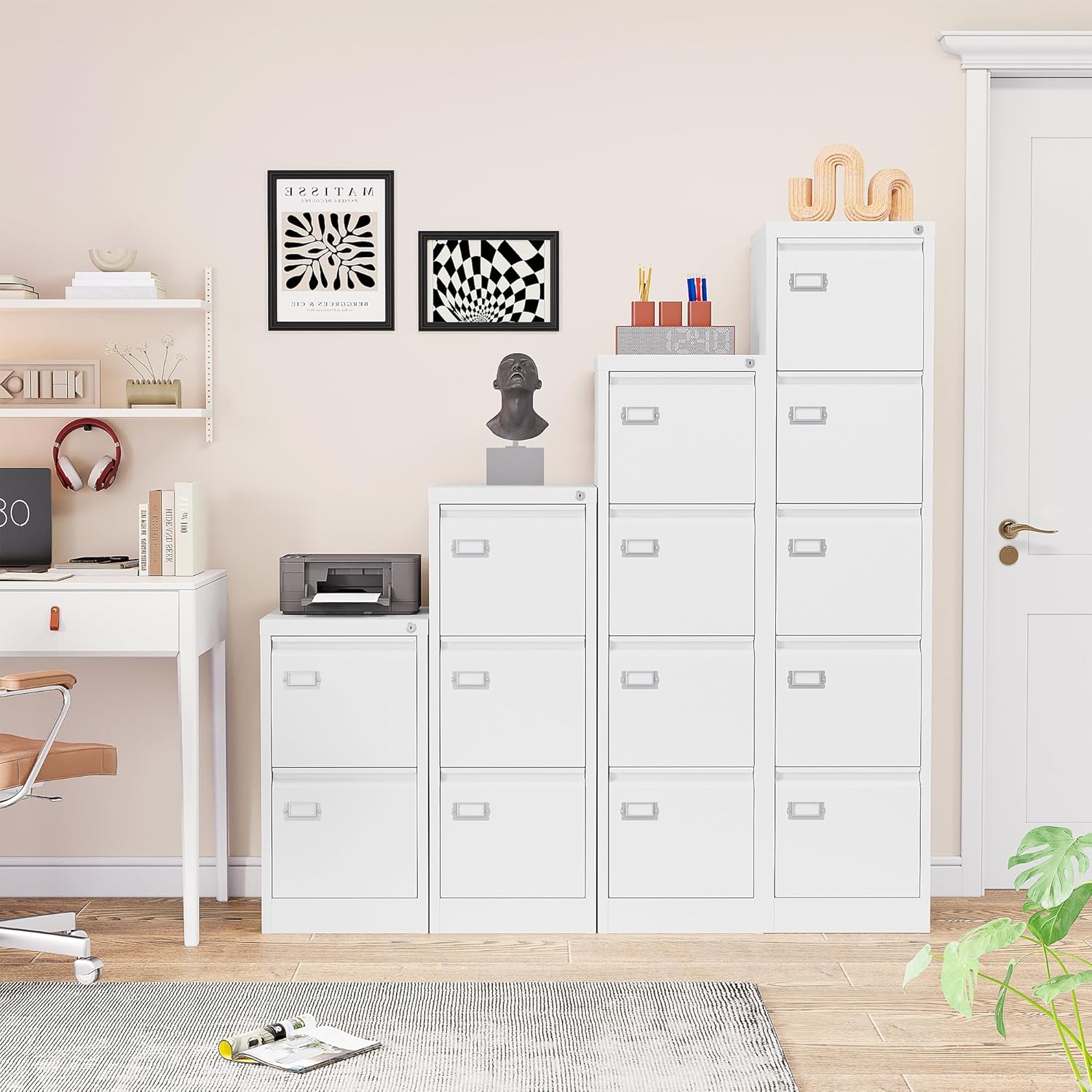 SISESOL 5 Drawer File Cabinet with Lock,Tall Vertical File Cabinet Five Drawer,15" Narrow Office Filing Cabinets,White Metal File Cabinets for Home Office,Fit A4,Legal,Letter Size,-Assembly Required