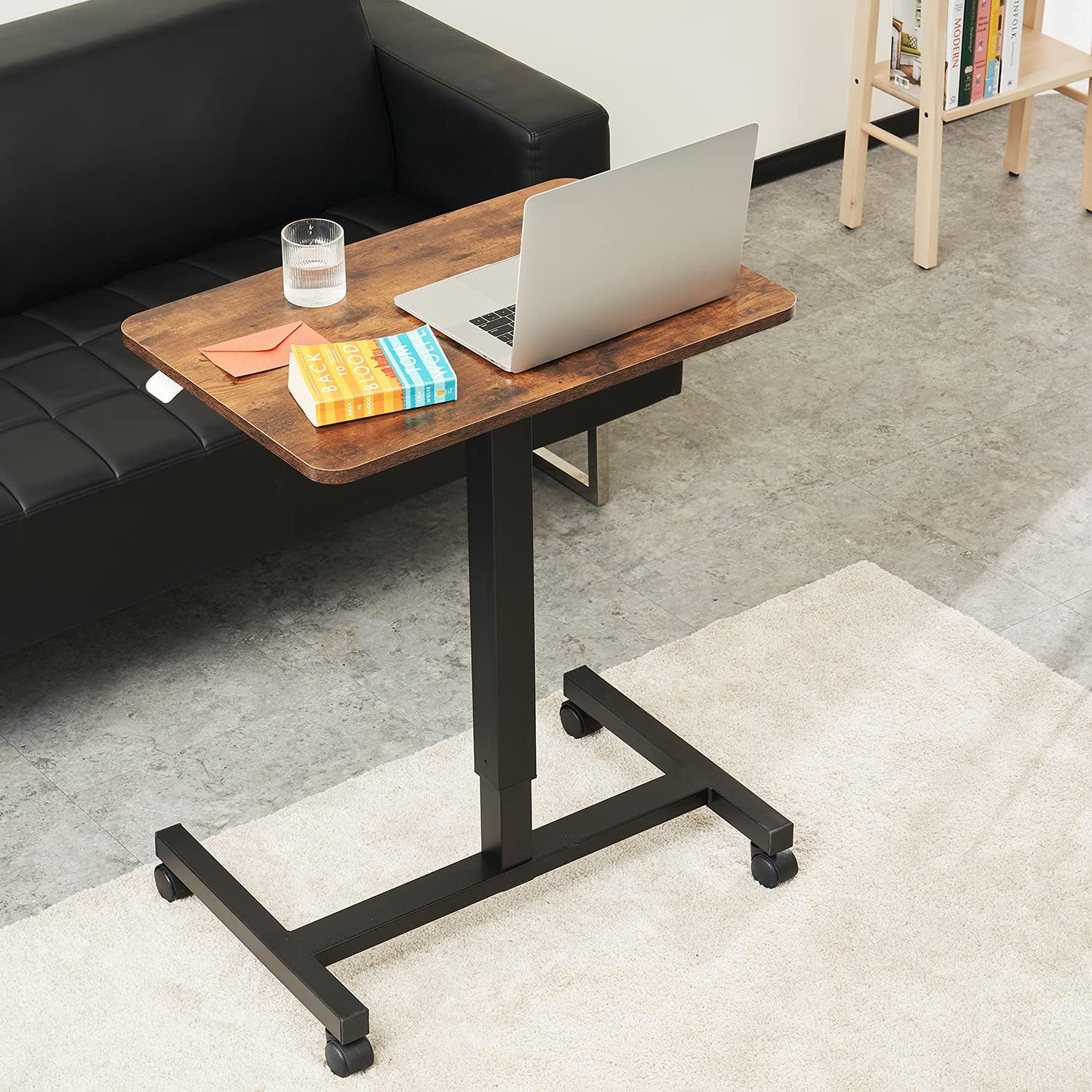 CLATINA Mobile Laptop Desk Pneumatic Sit to Stand Table Height Adjustable Rolling Cart with Lockable Wheels for Home Office Computer Workstation 28" x 19" Brown Round Edge Design Elegant