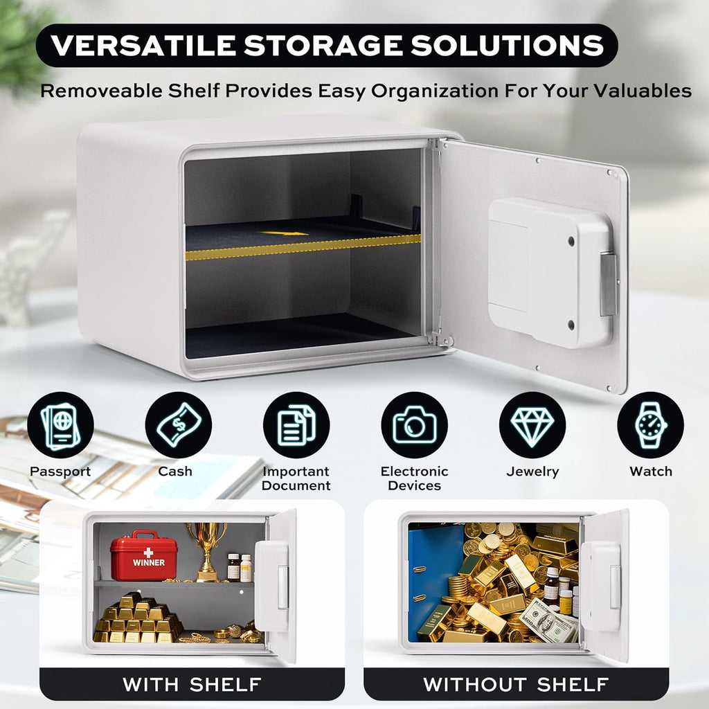 Biometric Safe for Home, 0.6 Cube Feet Auto-Open Fingerprint Safe with Touch Screen, Alarm System & Removable Shelf, Small Money Box for Cash, Jewelry, Documents, Home Office Use,White