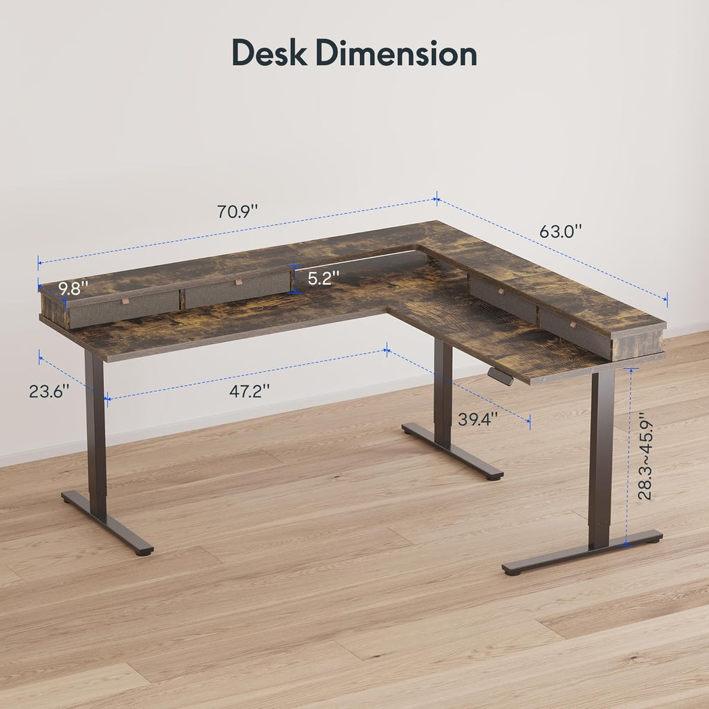 FLEXISPOT 71'' L Shaped Standing Desk Electric Corner Table with Shelf, 4 Storage Drawers, Adjustable Computer Workstation for Home, Office, Game, Studio, Rustic Brown Top + Black Frame