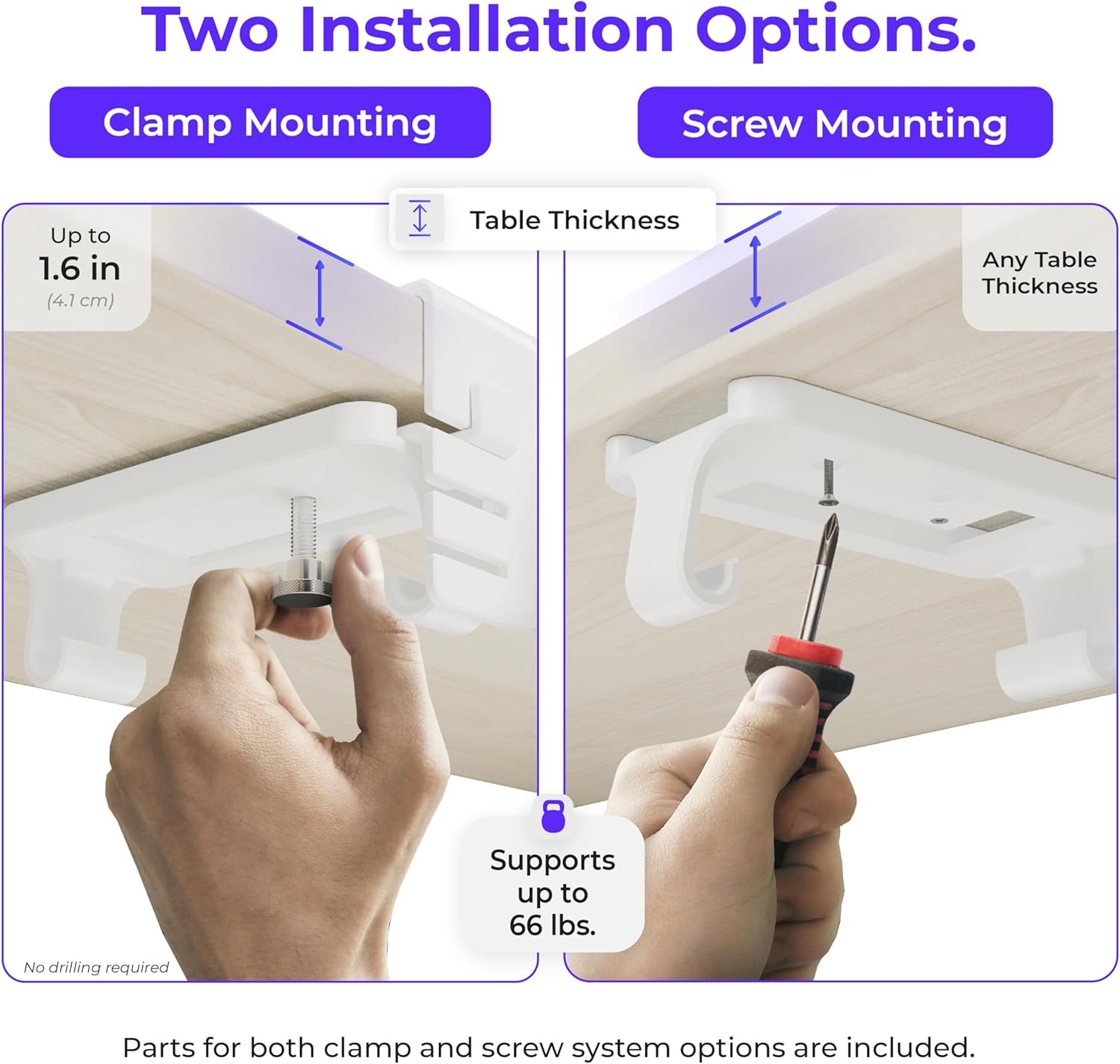 Original No Drill Under Desk Cable Management Tray 27.3" - Premium White Fabric Cable Management Under Desk - Clamp/Screw Mount Cord Organizer - Supports Upto 66lbs