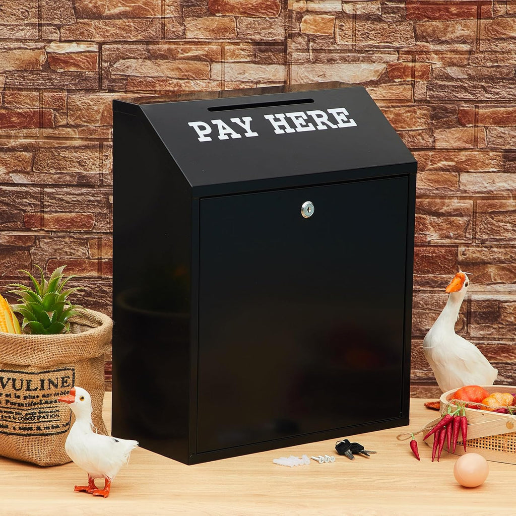 18 x 15 x 7 Inch Safe Cash Box Money Collection Metal Donation Box with Lock Wall Mount Pre Drilled Mailbox Delivery Ballot for Home Office Outdoor Self Serve Stand (Black)