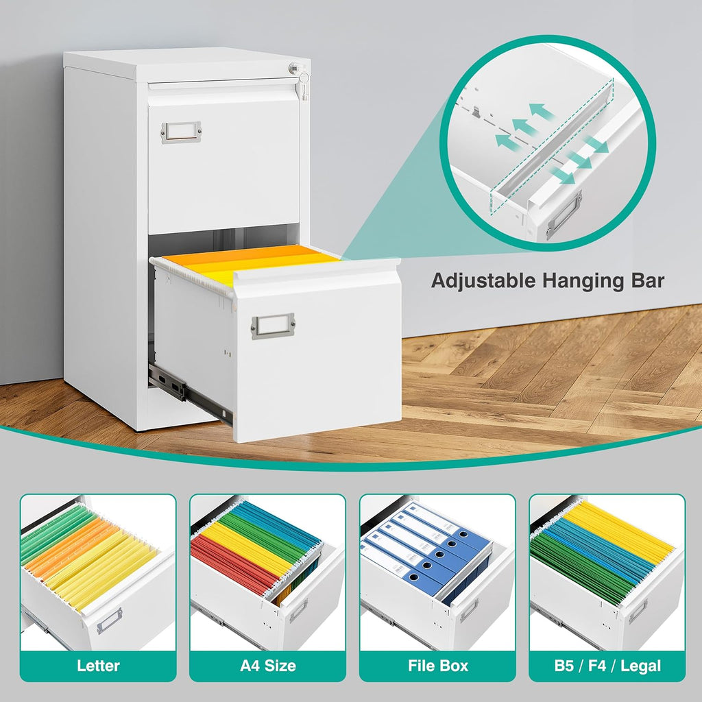 SISESOL 2 Drawer File Cabinet with Lock and Tag,Narrow Two Drawer Filing Cabinet,White Vertical Metal File Cabinets,Small Filing Cabinets for Home Office Fit Letter/A4/Legal Size File,Easy Assembly