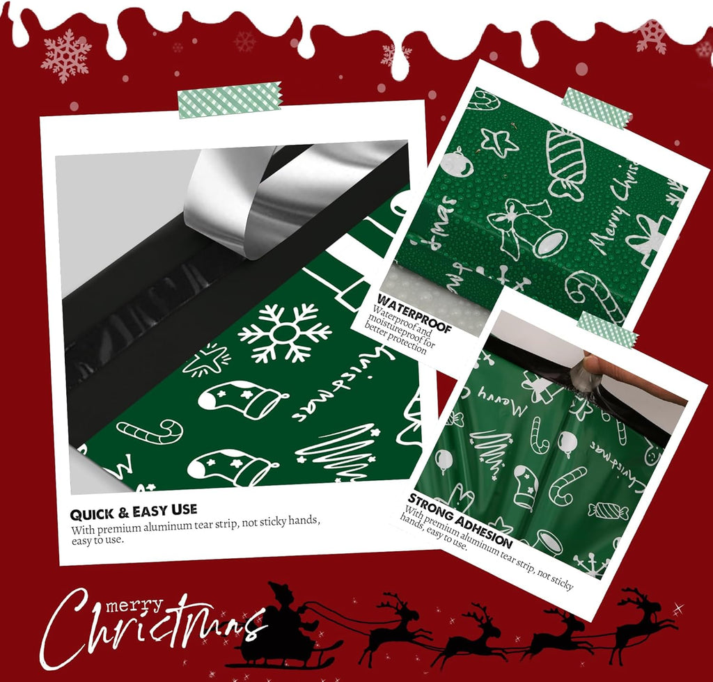 Christmas Poly Mailer 10x13 Inch 100 Pcs, Waterproof Shipping Bags for Clothing, Tear-Resistant Mailier Bags, Strong Mailing Bags with Self-Seal - Green Merry Christmas