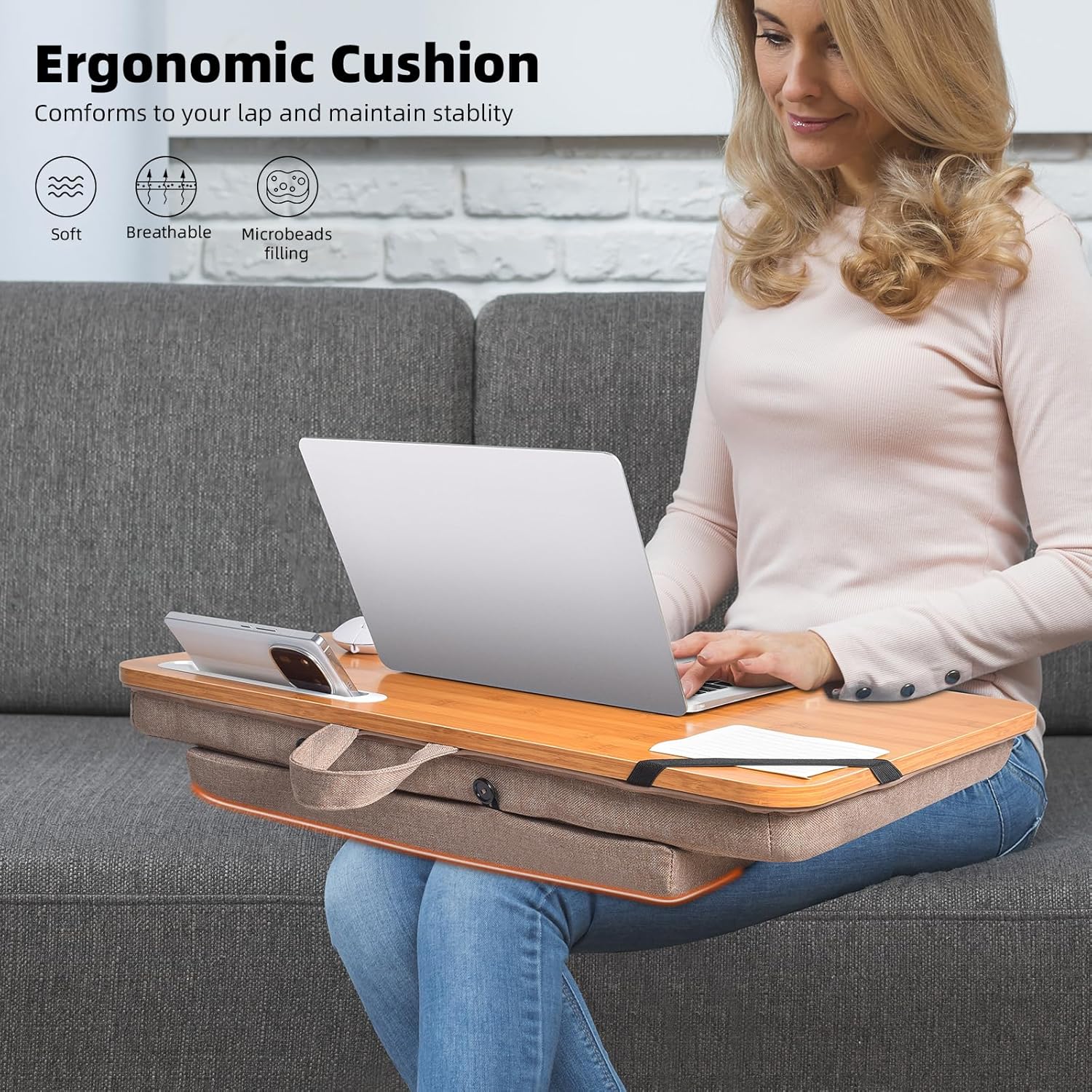 wishacc Oversized Bamboo Lap Desk with Phone/Tablet Slots & Cushion Pillow – Extra-Large Portable Laptop Stand for Home, Office, Bed, Car