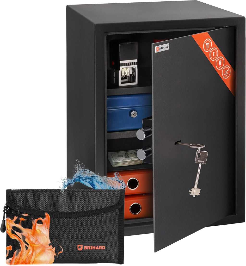 Business XL Key Lock Safe 19.69"H x 13.78"W x 14.17"D with Fireproof Bag, Large Office Safe 2.12 Cubic Feet for Documents A4 with 2 Height-Adjustable Shelves, Key Safe Box for Money & Jewelry