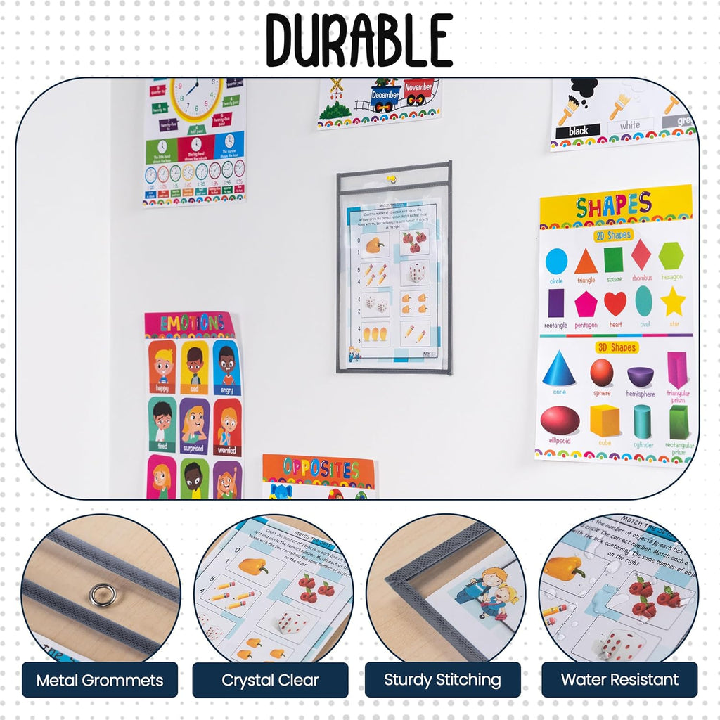 Essex Wares - 6 Pack, Dark Gray, Water-Resistant Dry Erase Pocket Document Protectors, 10" Wide x 13.5" Tall - Dry Erase Clear Plastic Sleeves - Reusable & Easy Erase Plastic Invoice Holders