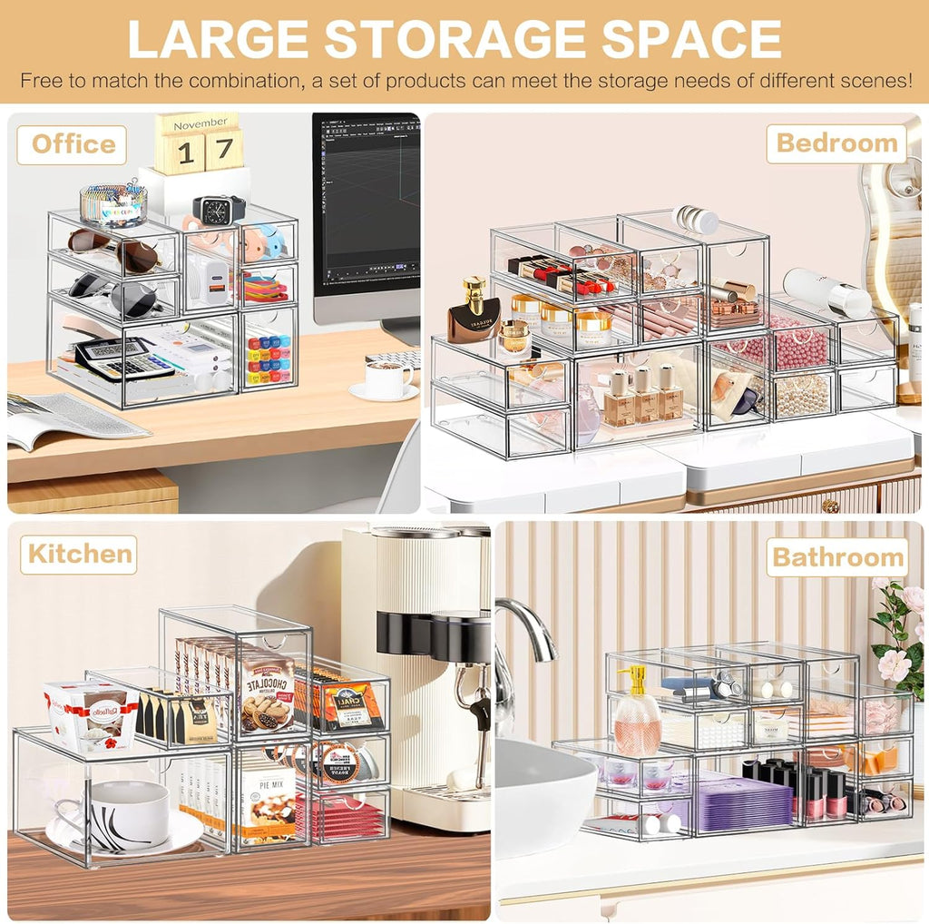 Desk Organizer with 14 Drawers, FODIENS 14 Packs Acrylic Stackable Desktop Storage Drawer Makeup Organizer, Clear Craft Storage Box Cabinets for Office Vanity Countertop Bathroom Bedroom