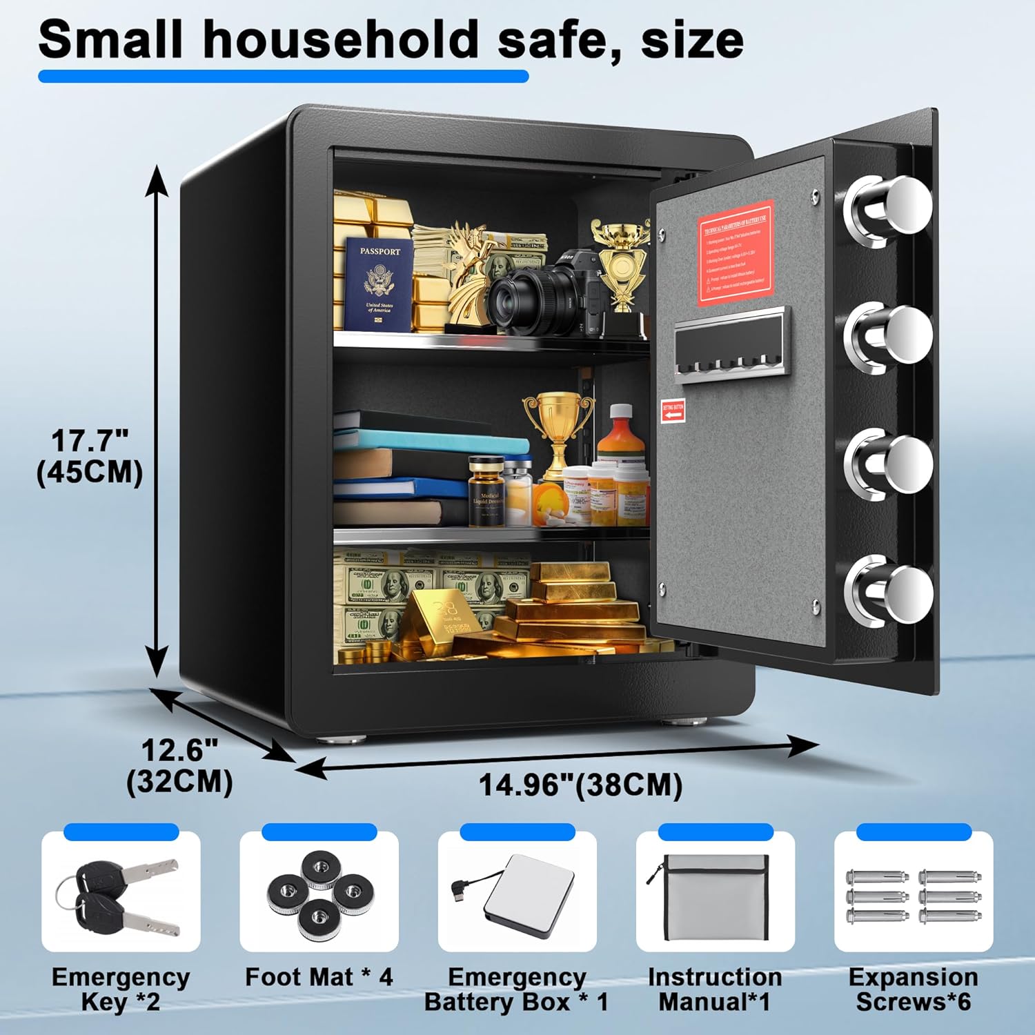 Safety Box, Small Safes for Home Lock Box with Electronic Keypad，Safe with Removable Shelf for Cash, Jewelry, Documents,Digital Security Safe for Office Hotel and Personal Use (Biometric - 2.0 CUFT)