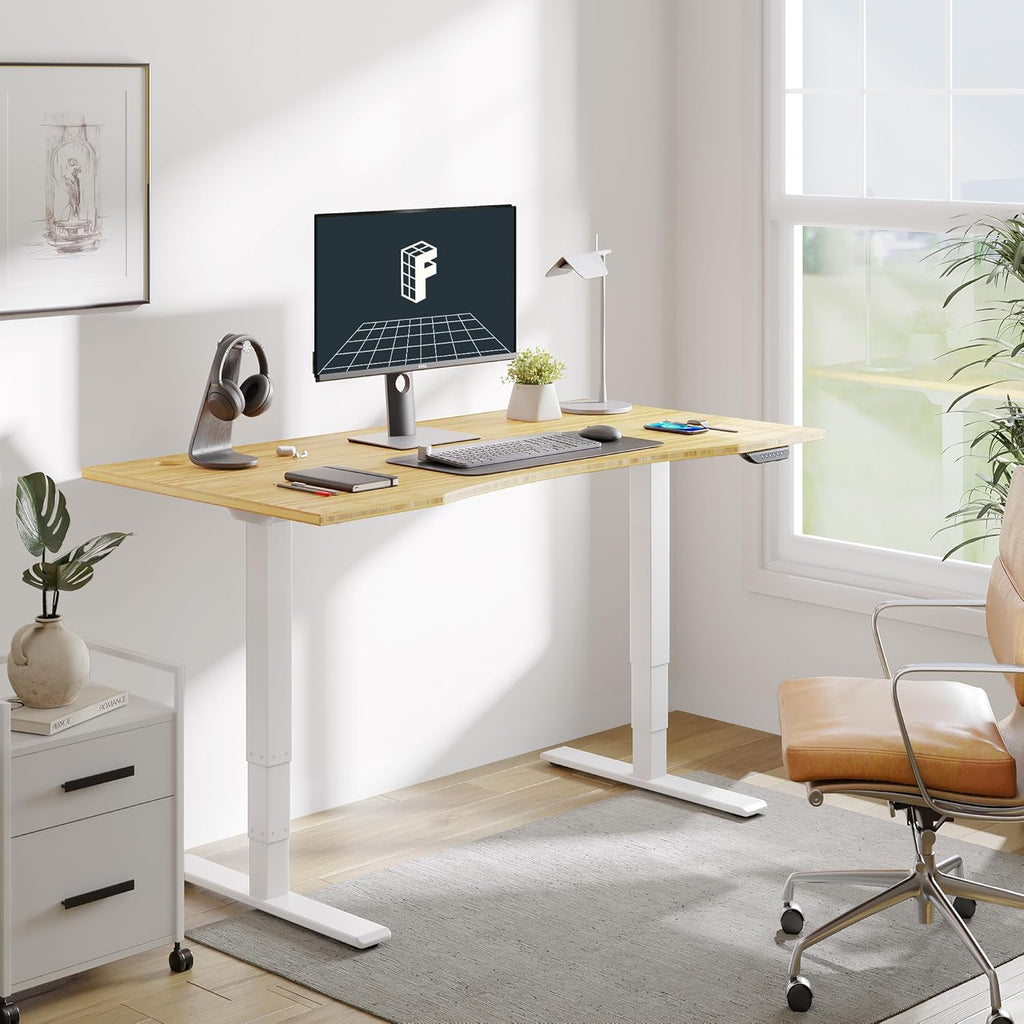 FLEXISPOT E6 MAX Bamboo Dual Motor 3 Stages Standing Desk 78x30 Inch Whole-Piece Board Electric Height Adjustable Stand Up Desk 150KG Load Capacity(White Frame + Bamboo Curved Desktop)
