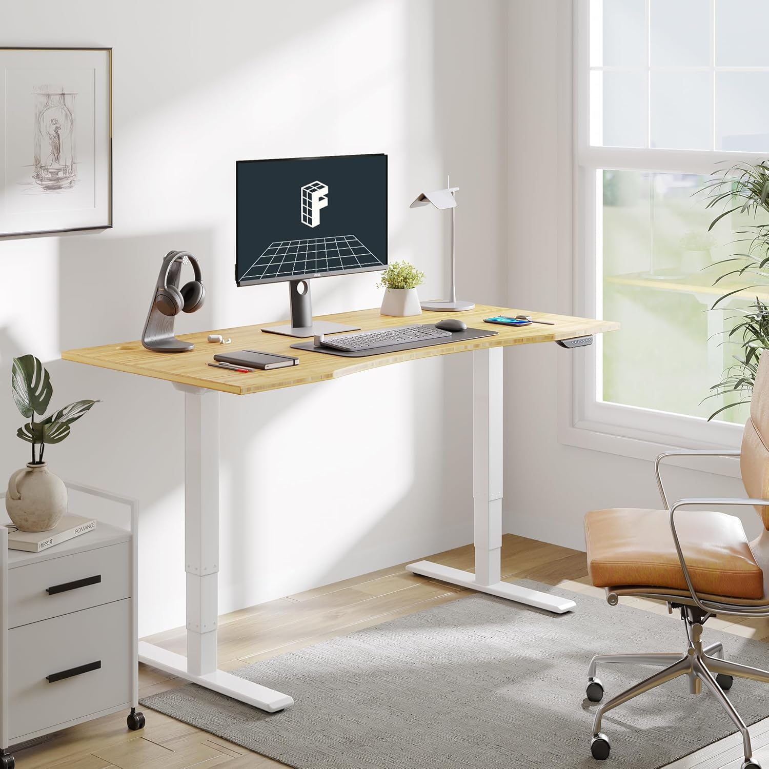 FLEXISPOT E6 MAX Bamboo Dual Motor 3 Stages Standing Desk 78x30 Inch Whole-Piece Board Electric Height Adjustable Stand Up Desk 150KG Load Capacity(White Frame + Bamboo Curved Desktop)
