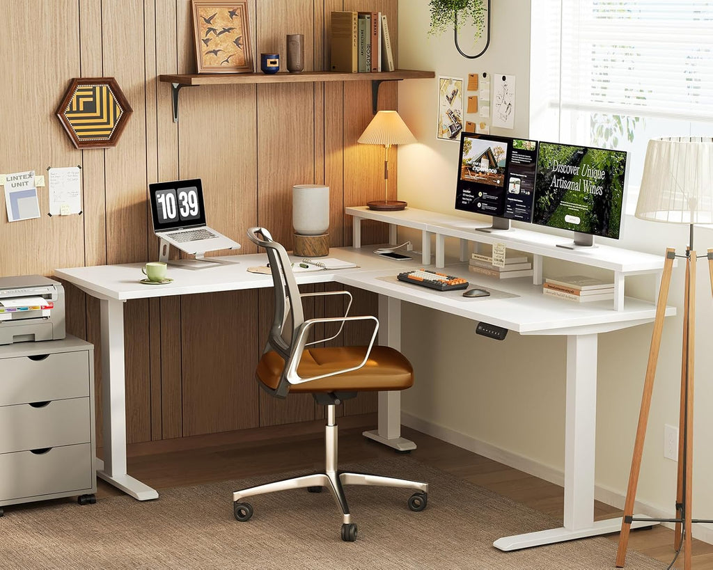 AODK Electric L-Shaped Standing Desk, 59 Inch Height Adjustable Office Desk with Monitor Stand, Sit-Stand Desk with Power Outlets, Large Lift Table for Home, Office, Workstation, White