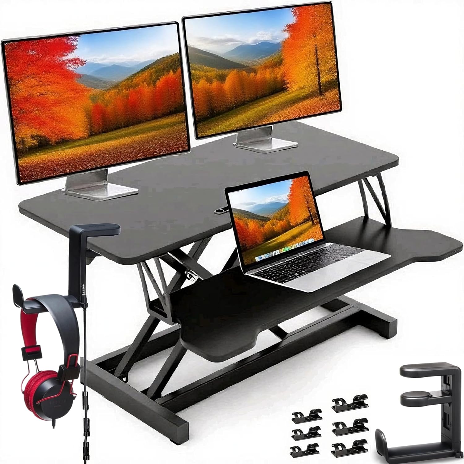 37-inch Standing Desk Converter,Height Adjustable Sit to Stand Up Workstation Riser, Dual Monitor and Laptop Riser with Wide Keyboard Tray, Headphone Stand,Cable Clips,for Home Office, Black