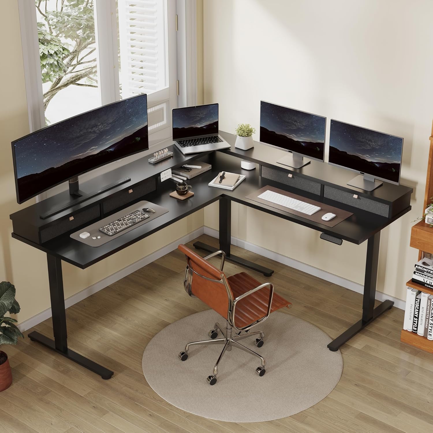 FLEXISPOT 71" Large L Shaped Standing Desk Electric Corner Table with Shelf, 4 Storage Drawers, Adjustable Computer Workstation for Home, Office, Game, Studio, Black Top + Black Frame
