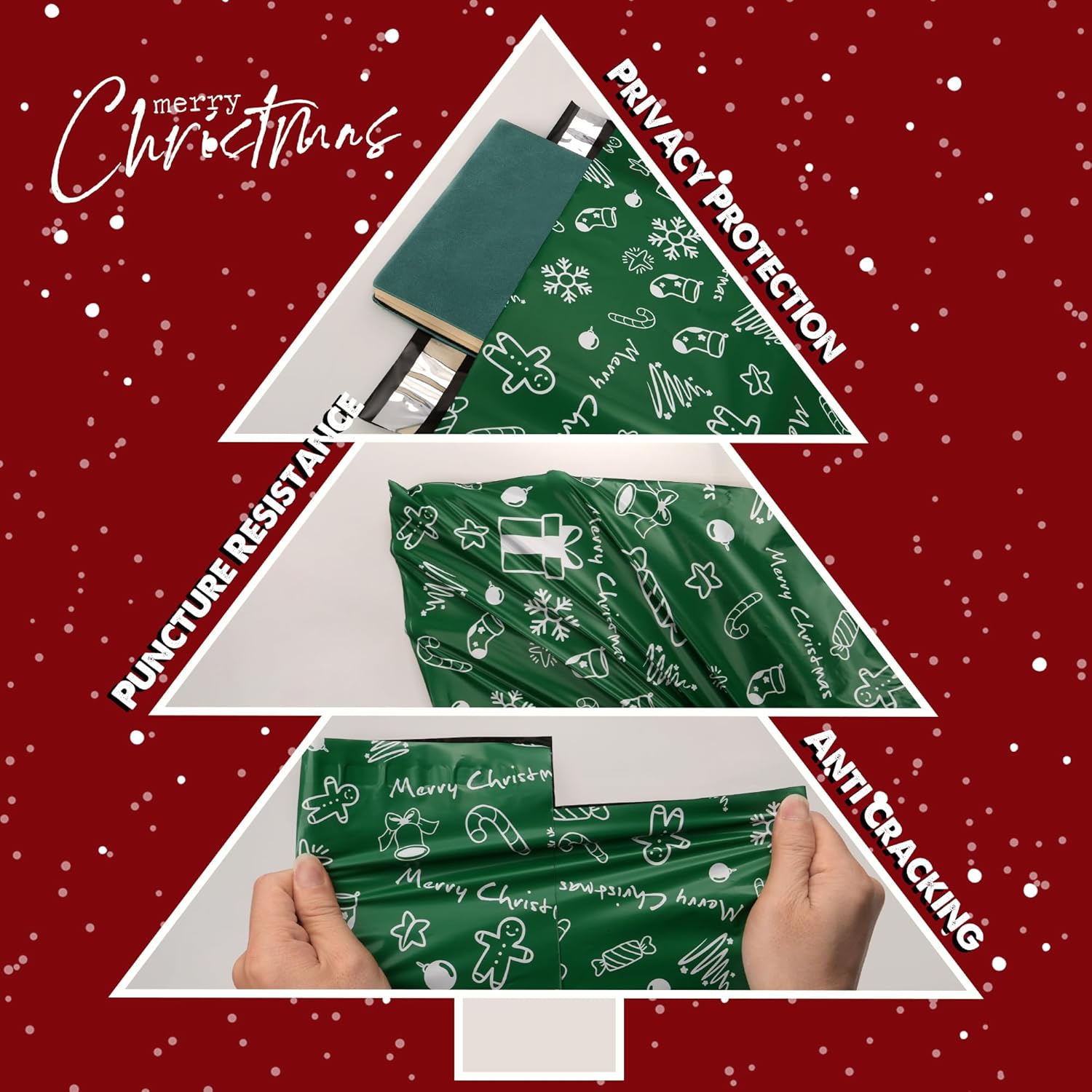 Christmas Poly Mailer 10x13 Inch 100 Pcs, Waterproof Shipping Bags for Clothing, Tear-Resistant Mailier Bags, Strong Mailing Bags with Self-Seal - Green Merry Christmas