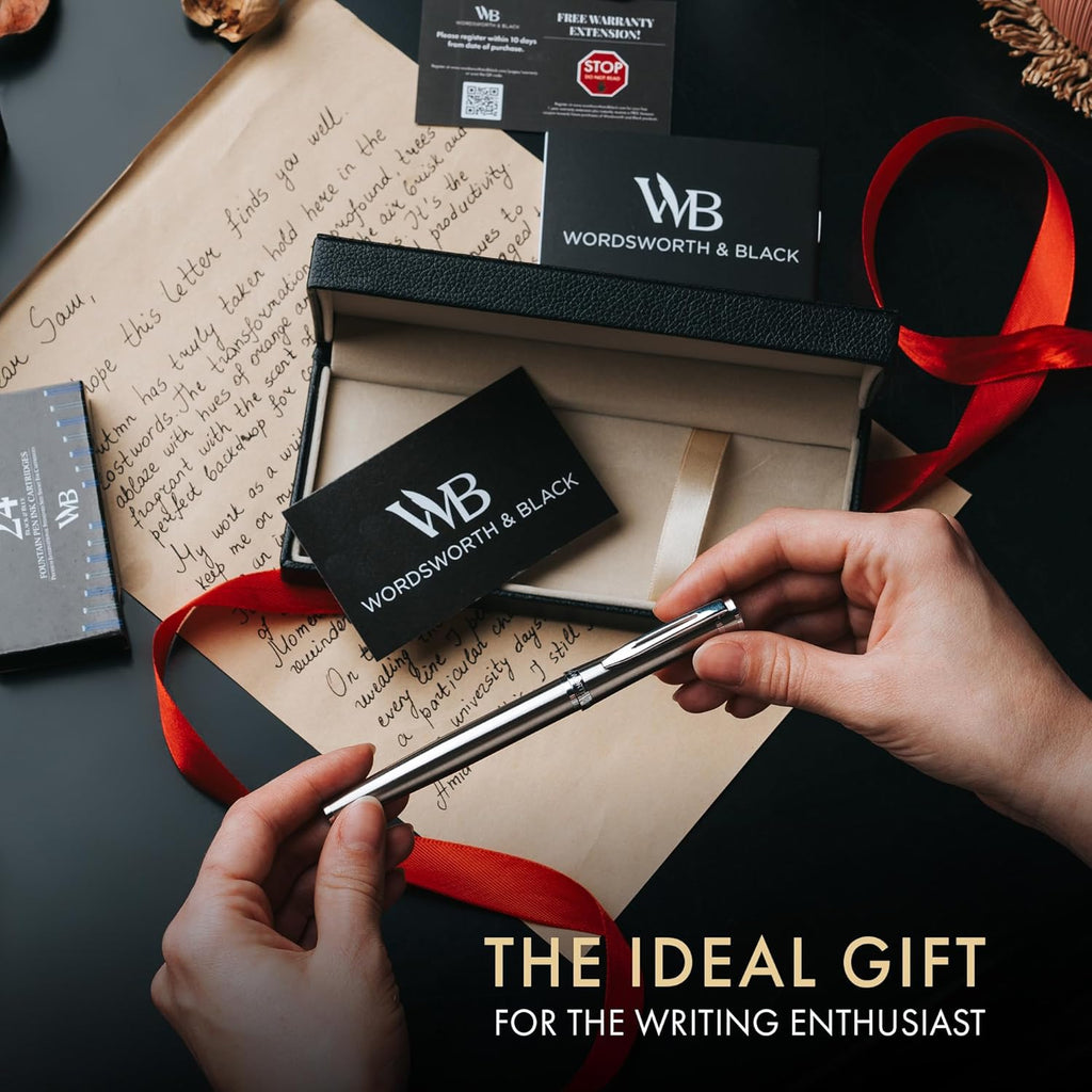 Wordsworth & Black Fountain Pen Set, Bent Nib, Includes 24 Pack Ink Cartridges, Ink Refill Converter & Gift Box, Chrome Finish, Calligraphy, [Silver Chrome], Perfect for Men & Women