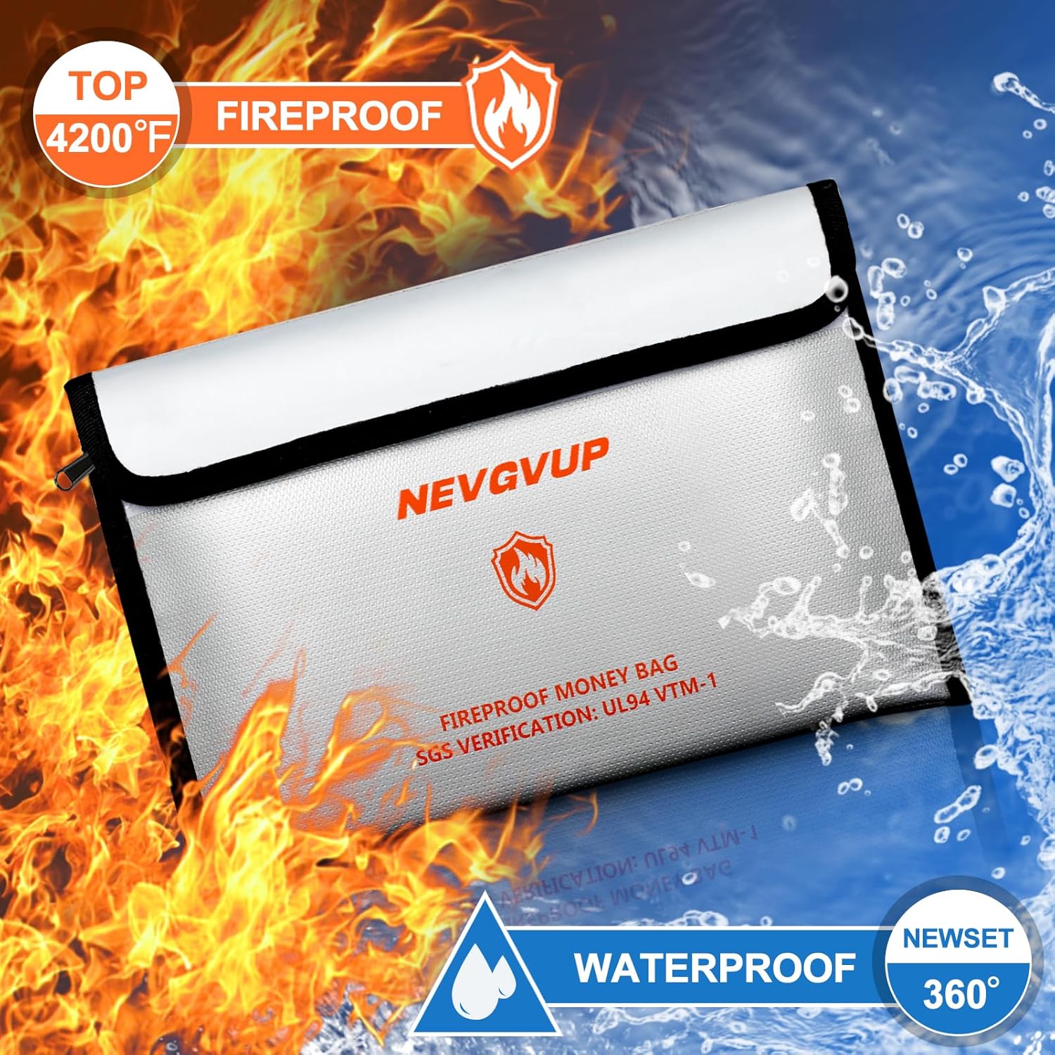 4200°F Fireproof Money Bag for Cash -Heat Insulated, 9.8 x 6.5" Fireproof Document Bag with Waterproof Zipper, Small Fire proof Bags Set with Reflective Strip and Fire proof Edging for Valuables