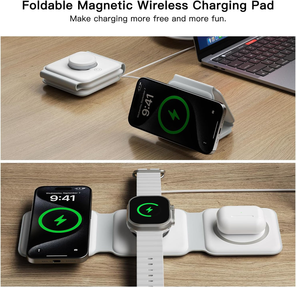 ESSAGER 3 in 1 Foldable Wireless Charger for iPhone 16/15/14/13/12/11 Series, Magnetic Wireless Charging Station, Travel Wireless Fast Charging Pad for Airpods 4/3/2/Pro, iWatch (3 in 1, White)