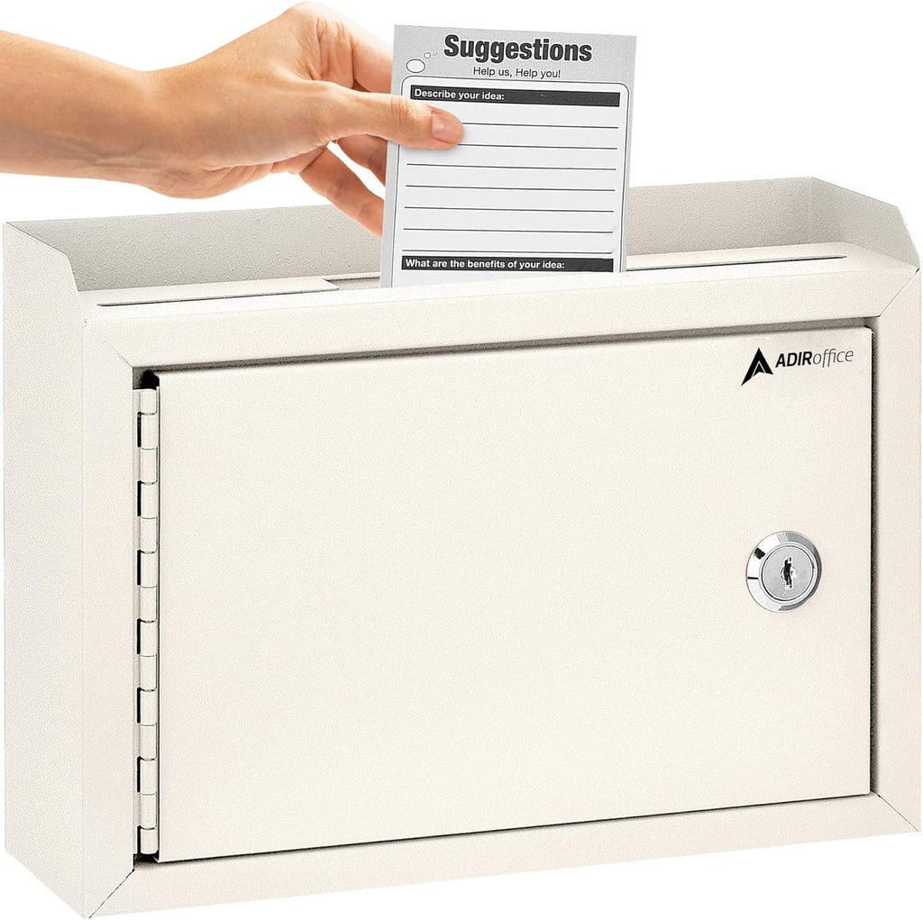 Adir Suggestion Box with Slot and Lock - Money Drop Box with Lock, Cash Dropbox - 9.8x7.5x3.4 Inches Wall Mount Donation Box - Metal Deposit Box in White