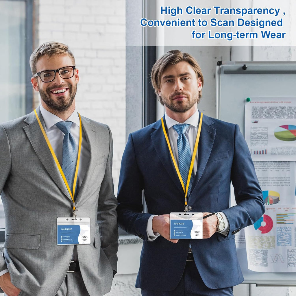 100 Pack Lanyards for ID Badges with Clear Name Tags, Reusable Lanyards Horizontal ID Card Badge Holders Plastic Name Badges for Men Women Kids Business School and Office Supplies (Yellow)