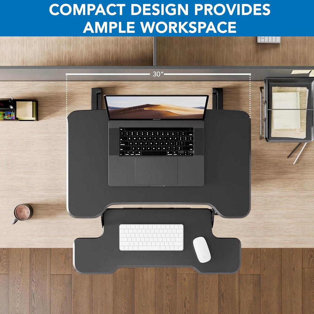 Mount-It! Height Adjustable Standing Desk Converter, Compact 30” Wide Tabletop Standing Desk Riser with Gas Spring, Desktop Stand Up Workstation with Keyboard Tray Fits Monitor or Laptop, Black
