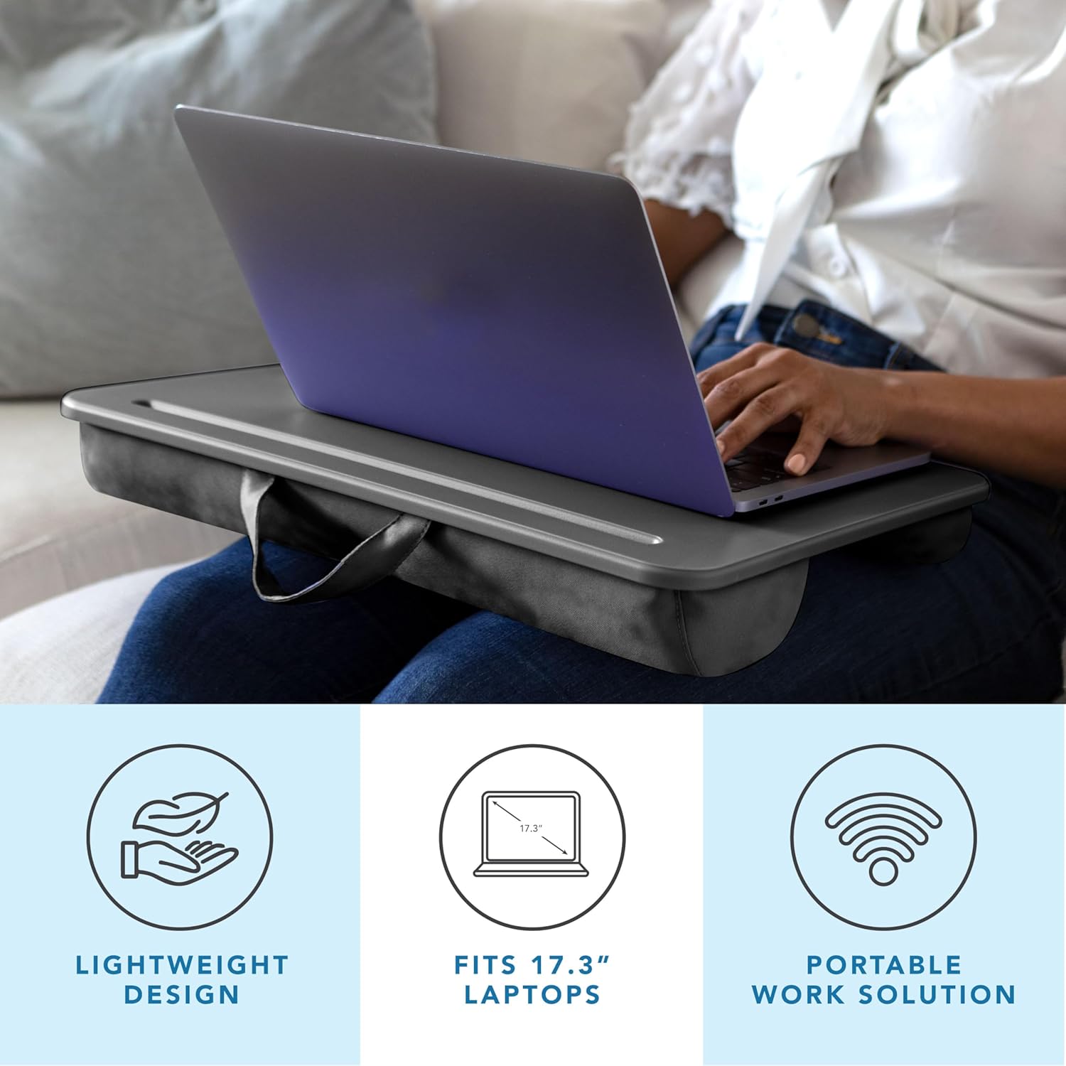 LAPGEAR Original Lap Desk – Large (17.9” x 13”) | Fits Up to 17.3” Laptops | Cushioned with Device Ledge, Pencil Tray & Handle | Portable & Lightweight | Charcoal – Style No. 45155