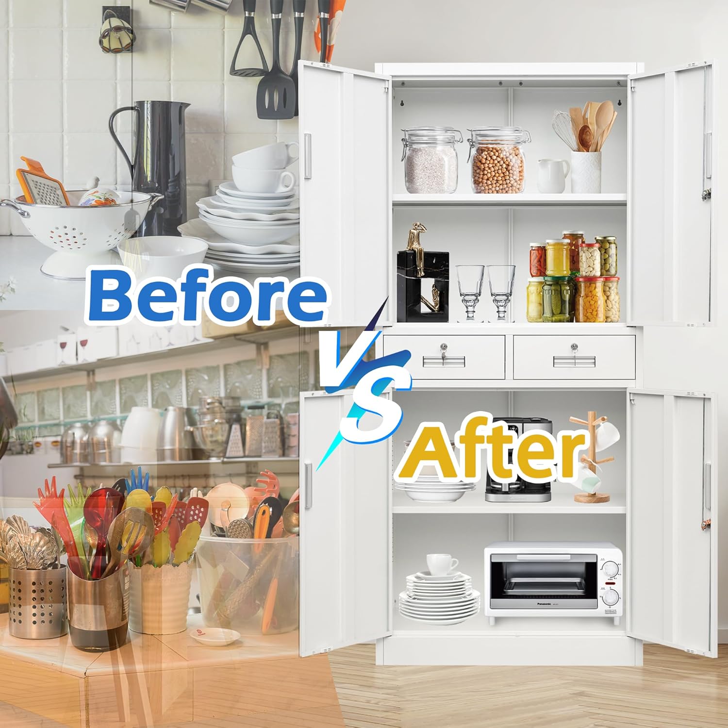 CMY Metal Storage Cabinet, 71" H x 32" W x 16" D Locking Cabinet with Adjustable Shelves and 2 Drawers, Steel Storage Cabinet for Office, Garage, Home, School, Utility Room-White